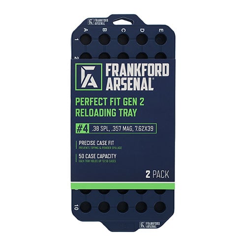 Frankford Arsenalin Perfect Fit Gen 2 Reloading Tray - #4 (,.38 SPL, ,.357 MAG) tarjoaa tarkan istuvuuden, 50 patruunan kapasiteetin ja tehokkuuden latausprosessissa.